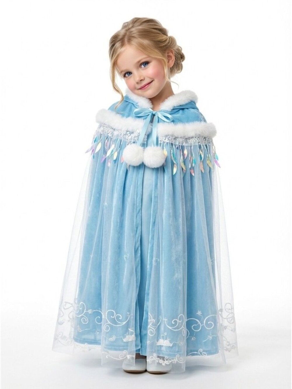 Girls Ice Princess Hooded Cape Blue Faux Fur Trim Sparkle Costume Cloak (Size 6)
